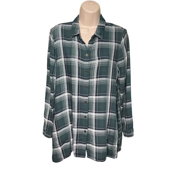 J Jill Button Down Blouse Womens Plaid Top Shirt Size Petite S Green White u - Picture 1 of 8
